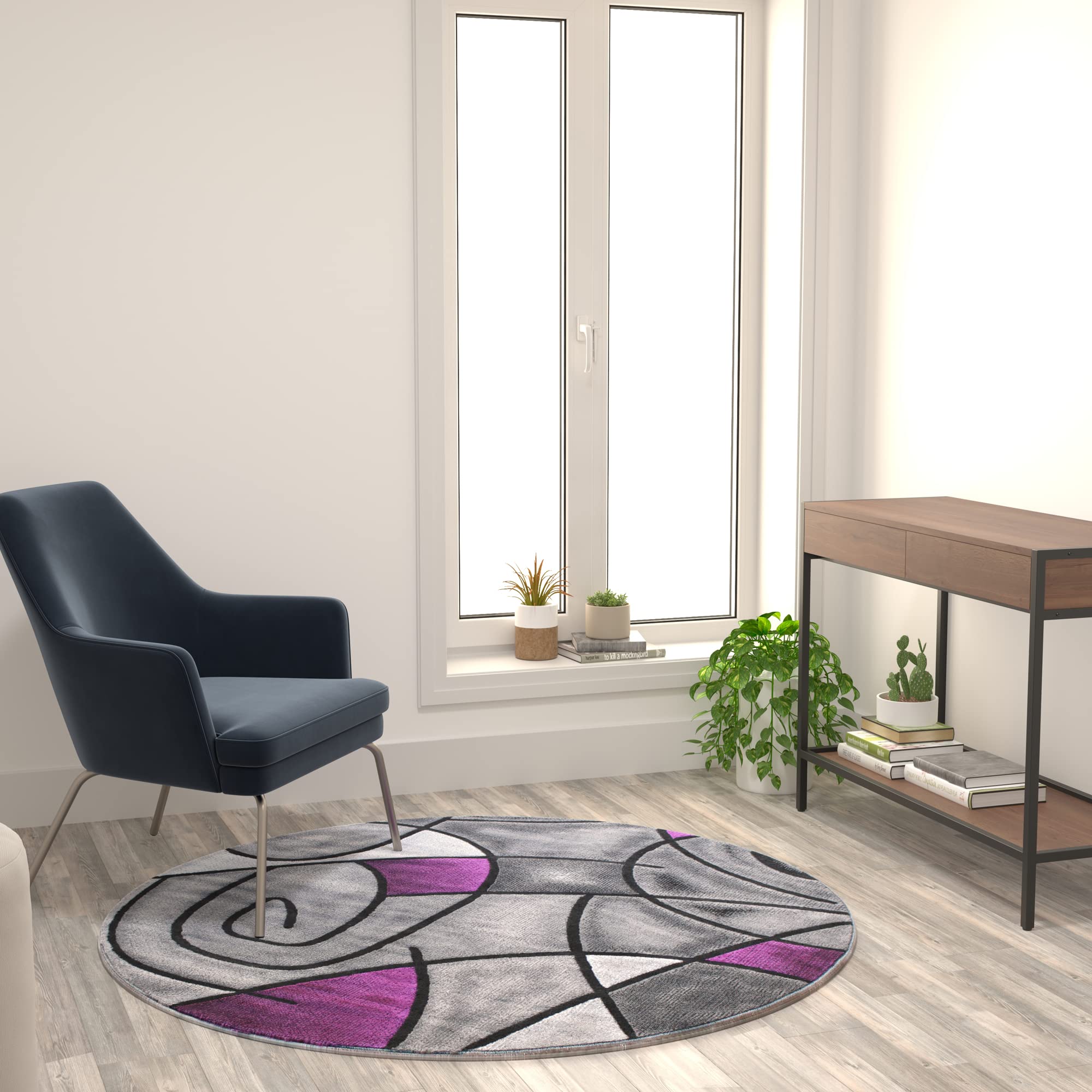 Flash Furniture Jubilee Collection Abstract Area Rug - Colorfast Purple Olefin Rug - 5' X 5' Round Area Rug - Jute Backing - Living Room, Bedroom, & Family Room
