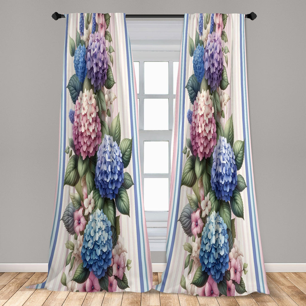 Ambesonne Floral Curtains, Leafy Huddle Of Modern Illustrated Hydrangea On Pastel Striped Back, Window Treatments 2 Panel Set Fo