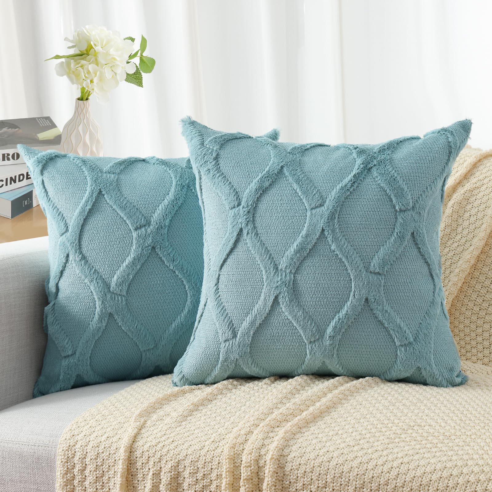 Decoruhome Spring Throw Pillow Covers 24X24 Inch Set Of 2, Soft Plush Faux Fur Wool Aqua Couch Pillow Covers, Decorative Pillow Cases For Bed Sofa Living Room Home Decor