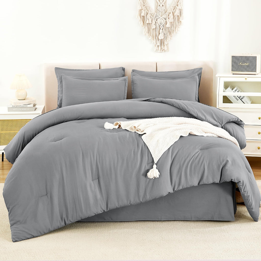 Litanika King Size Comforter Set Medium Gray - 7 Pieces Bed In A Bag King Beddding Comforter Sets, Solid Lightweight Bed Set Wit