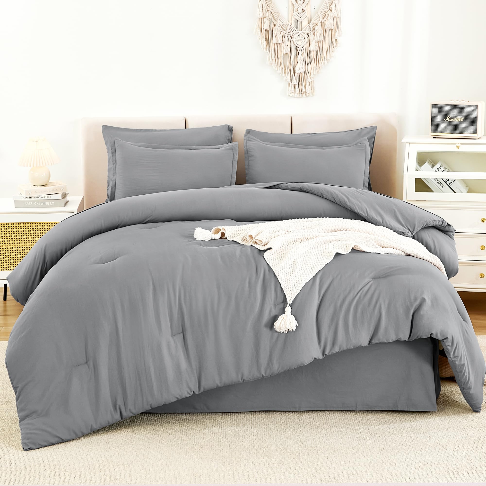 Litanika King Size Comforter Set Medium Gray - 7 Pieces Bed In A Bag King Beddding Comforter Sets, Solid Lightweight Bed Set Wit