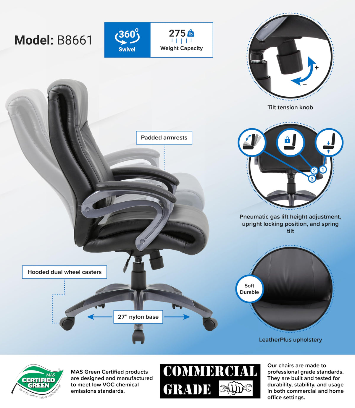 Boss Office Products Boss Double Layer Executive Chair, Black (B8661)