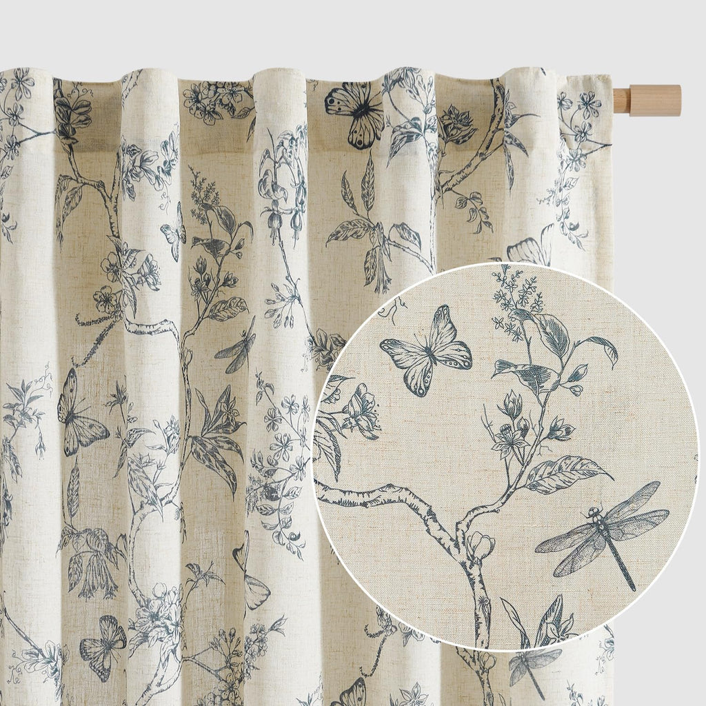 Lazzzy Blue Floral Curtains 84 Inch Length Linen Farmhouse Curtain Back Tab Drapes for Living Room Bedroom Light Filtering Vinta
