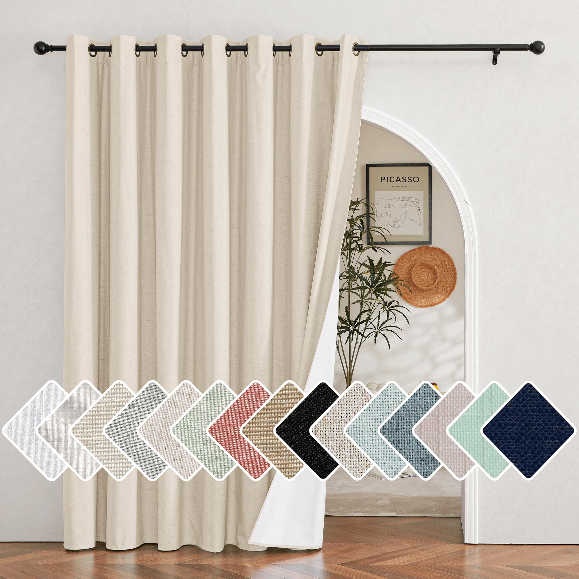 NICETOWN Beige Sliding Door Linen Blackout Curtain for Room Divider, Privacy Protection & Sound Reducing White Lined Insulated W