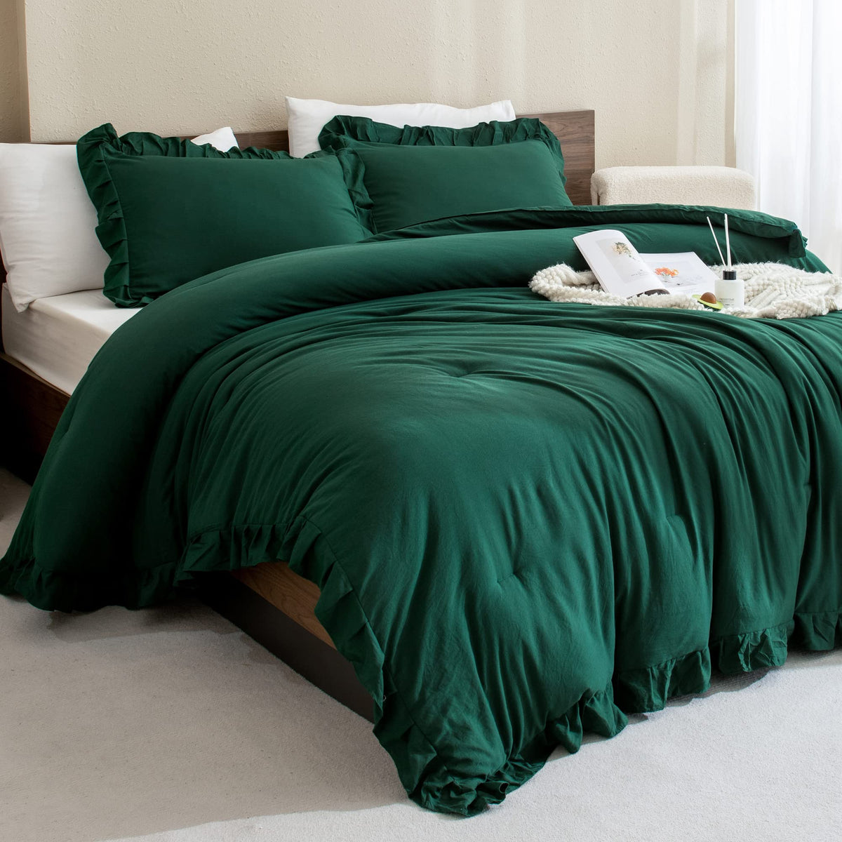 Andency Dark Green Ruffle Comforter Set, 2 Pieces Kids Comforter Set Twin(66X90Inch), Farmhouse Shabby Chic Comforter Set, Soft Microfiber Kids Bedding Set