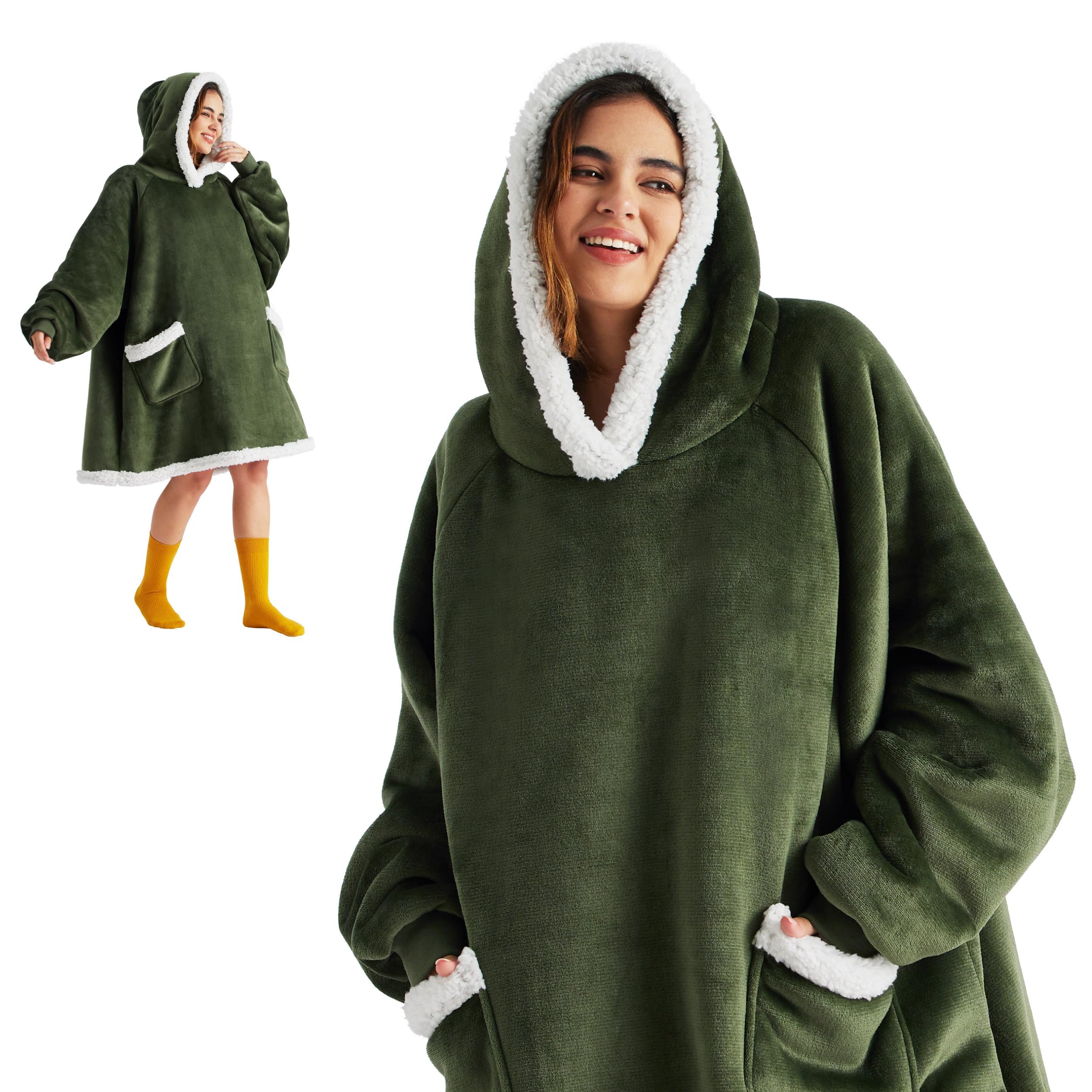 Bedsure Wearable Blanket Hoodie - Sherpa Hooded Blanket As Gifts For Mom Women Girlfriend Kids, Cozy Sweatshirt Blanket, Solid,