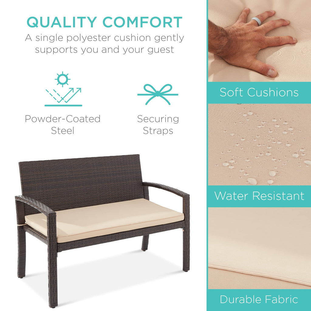 Best Choice Products Outdoor Bench 2-Person Wicker Garden Patio Benches Seating Furniture For Backyard, Porch W/Seat Cushion, 700Lb Capacity - Brown/Tan