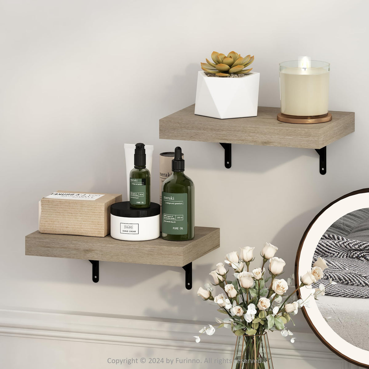 Furinno Tanna 15-Inch Wall Mounted Floating Display Shelves, Natural, Set of 2
