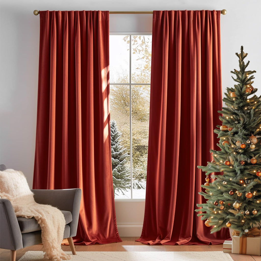 Lazzzy Orange Velvet Curtains Room Darkening Thermal Insulated Curtains 63 Inch Long Window Drapes For Bedroom Living Room Super Soft Luxury Rod Pocketwindow Treatment 2 Panels, Rust Red