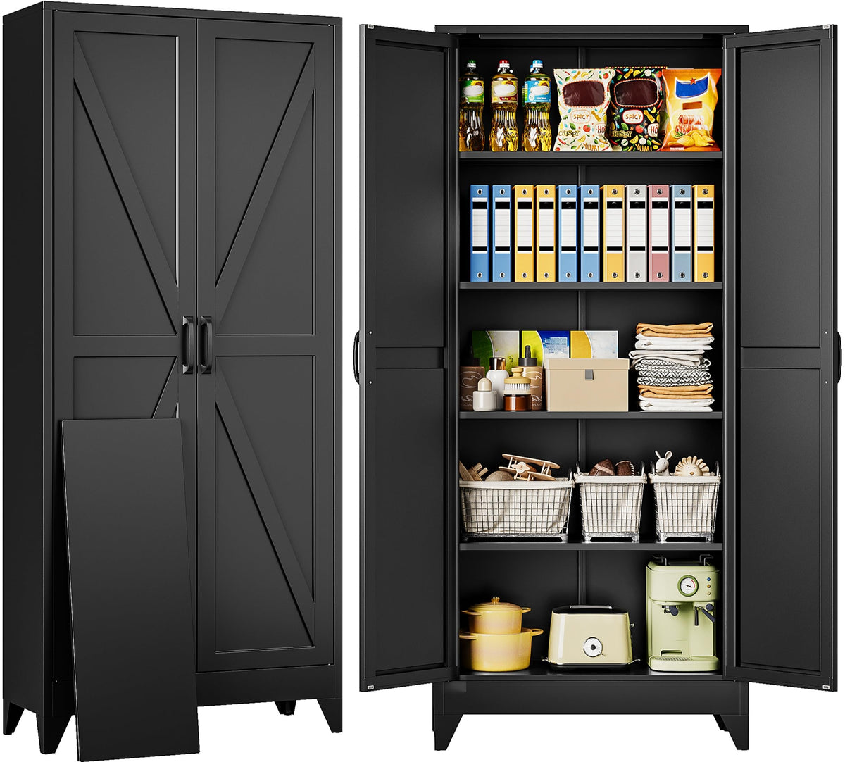SISESOL 75 Tall Pantry Cabinet,Farmhouse Kitchen Pantry Storage Cabinets with 2 Doors and 4 Shelves,Black Metal Storage Cabinet