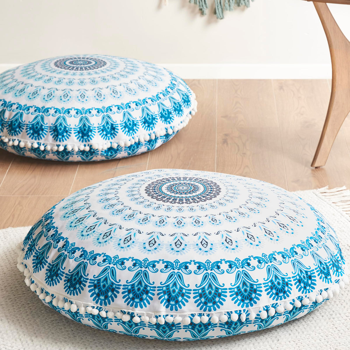 Codi Meditation Floor Pillow Set Of 2, Round Large Pillows Seating For Adults, Bohemian Mandala Circle Cushion For Outdoor Firep