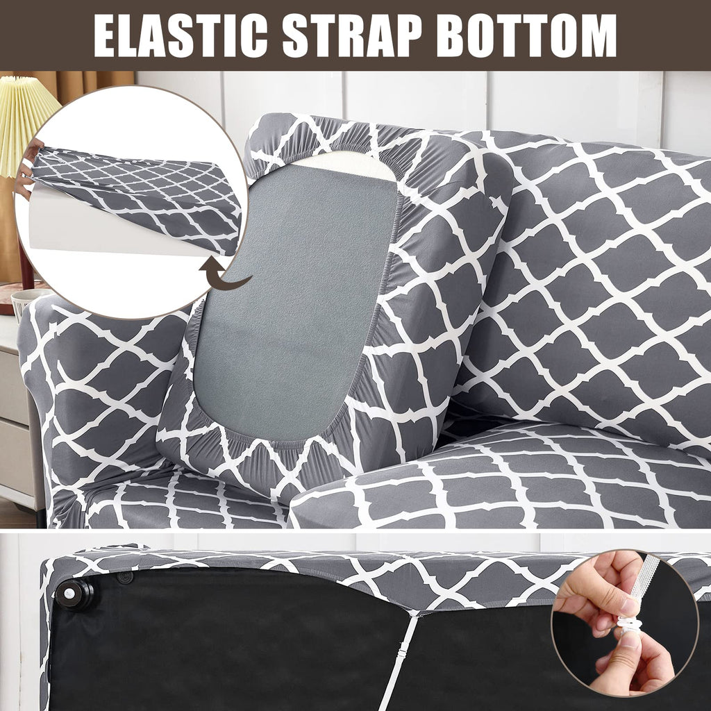 Searchi Stretch Sofa Cover Printed Couch Covers, Floral Pattern 2 Piece Armchair Slipcover With Separate Chair Cushion Cover, Washable Furniture Protector For Living Room(Armchair, Gray+White)