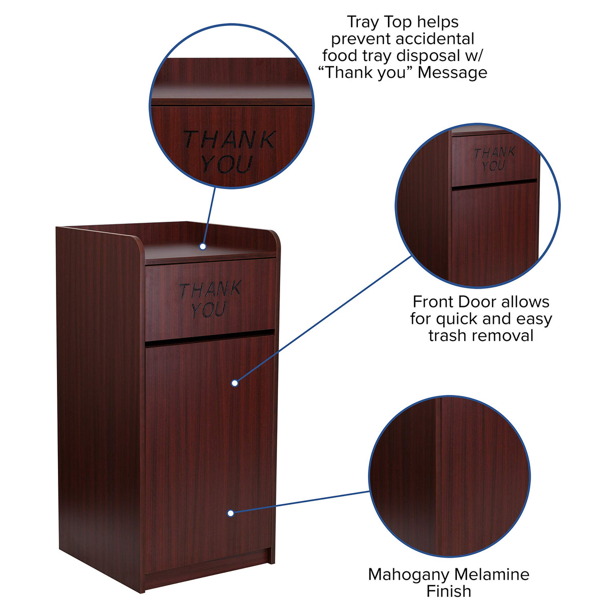 Flash Furniture Sony Laminate Wood Commercial-Grade Trash Receptacle with Tray Top, Wooden Restaurant Trash Can Garbage Receptacle, Mahogany