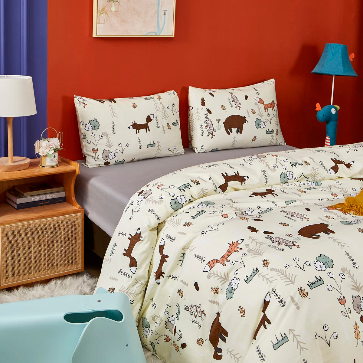 Clothknow Kids Comforter Sets Full Yellow Bear Comforter Full Boys Girls Bedding Cartoon Fox Bed Set Theme Woodland Forest Animal Bedding 3Pcs Bedding Comforter Sets Full