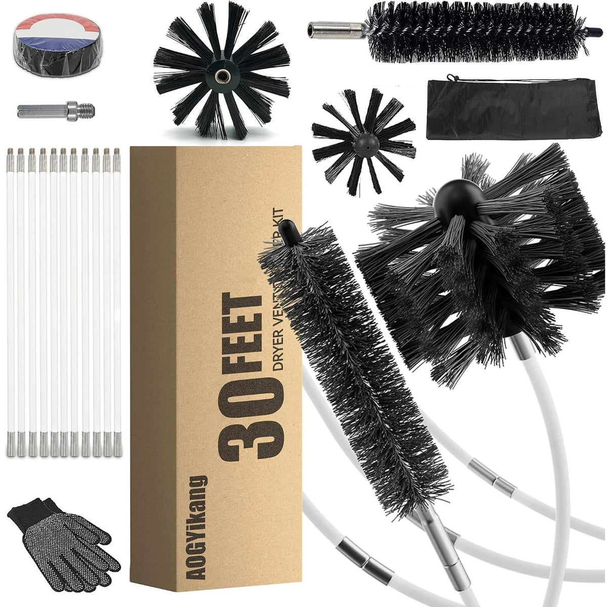 AOGYikang 30 Feet Dryer Vent Cleaning Brush Kit, MultiPurpose lint Cleaning Brush with 4 and 6 Brush Head, Professional Lint 