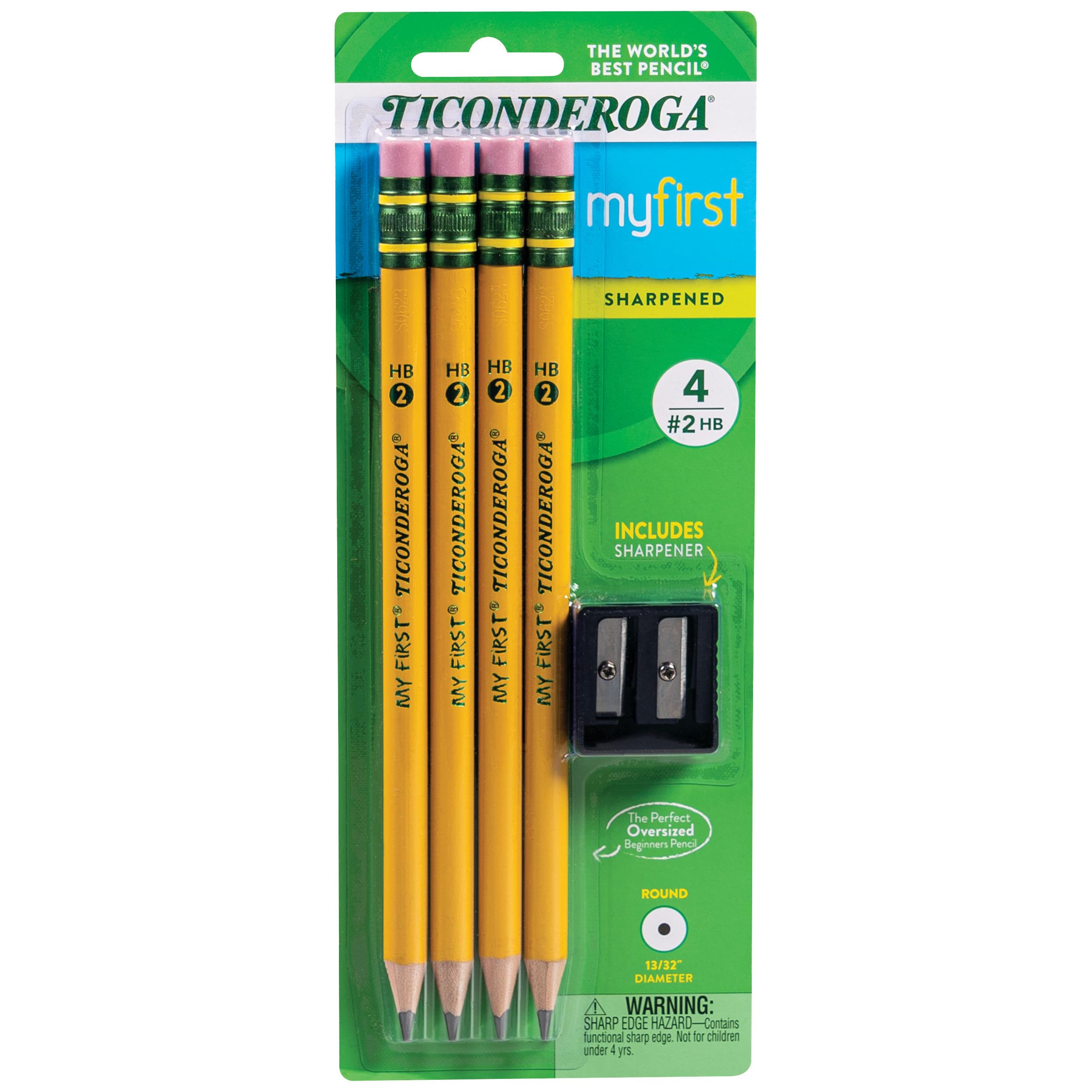 Ticonderoga My First Wood-Cased Pencils, Pre-Sharpened, 2 Hb, With Sharpener, Yellow, 4 Count