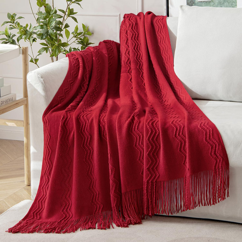 Miulee Christmas Burgundy Red Knitted Throw Blanket For Couch Textured Knit Blanket With Tassels Cozy Woven Boho Bed Blanket For Sofa Bed Chair Acrylic Wave Pattern 50'X60'