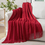 Miulee Christmas Burgundy Red Knitted Throw Blanket For Couch Textured Knit Blanket With Tassels Cozy Woven Boho Bed Blanket For Sofa Bed Chair Acrylic Wave Pattern 50'X60'