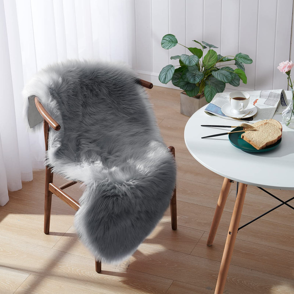 Small Faux Fur Rug, 2x4 ft Ultra Soft Sheepskin Rug Chair Sofa Cover Seat Pad, Grey Fluffy Shag Rug for Bedroom Nursery Kids Roo