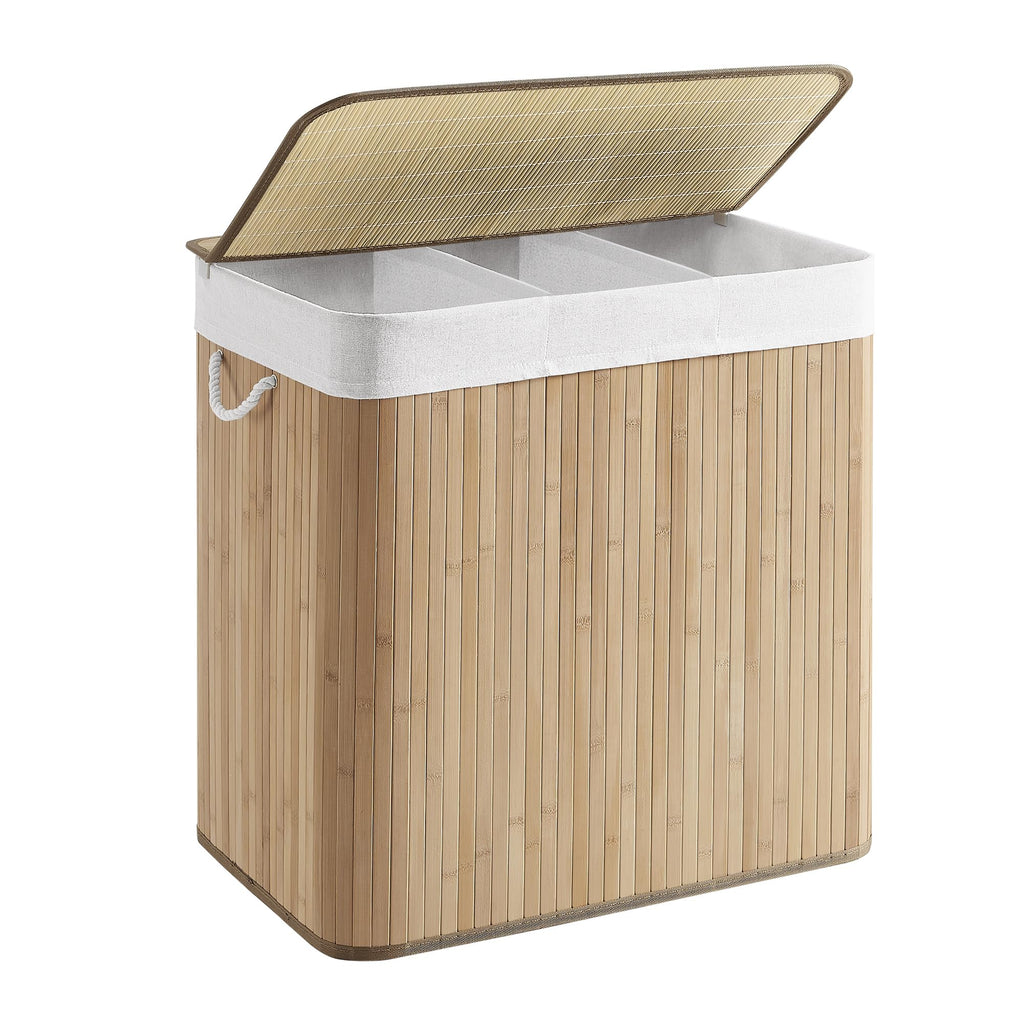 SONGMICS Laundry Hamper, 39.6 Gallons (150L), 3-Section Laundry Basket, Laundry Hamper with Lid, Bamboo, Foldable, Removable and