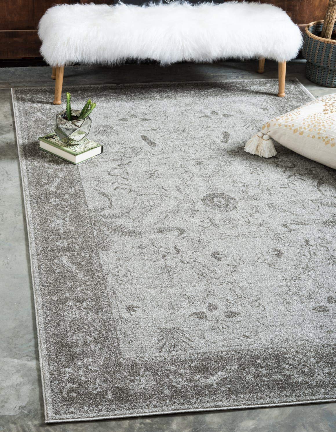 Unique Loom La Jolla Collection Farmhouse, Contemporary, Botanical, Traditional, Vintage Area Rug, 6 x 9 ft, Light Gray/Dark Gra