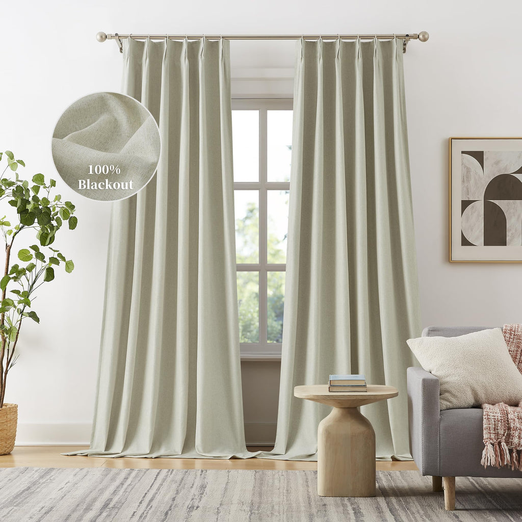 DUALIFE Blackout Curtains 108 Inch Length, Linen Blended Pinch Pleated Curtains for Living Room Farmhouse Thermal Back Tab Drape
