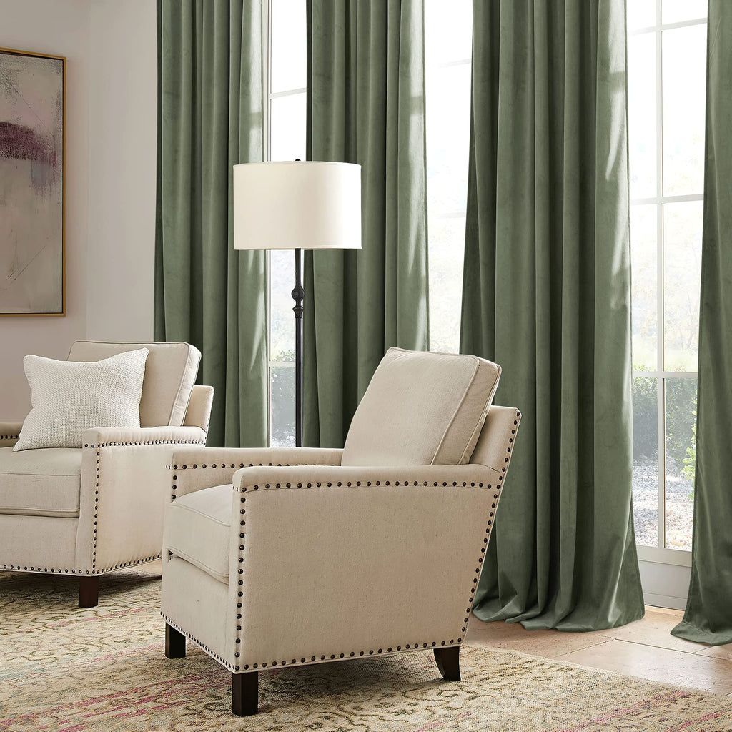 Ryb Home Sage Green Velvet Curtains 90 Inches - Heavy Duty Back Tab Decorative Window Drapes Privacy Room Darkening Covering For Living Room Bedroom, 52 Inch X 90 Inches, 2 Panels Set