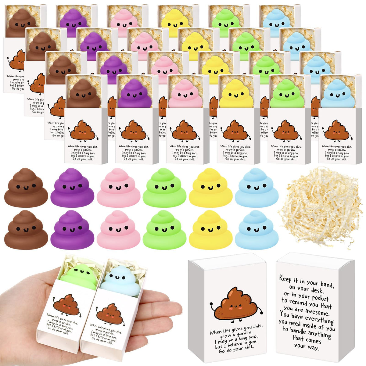 Wettarn 24 Sets Poo Gifts Positive Cute Stress Balls with Support Gift Boxes Funny Bulk Poop Party Favors for Employee Coworker 
