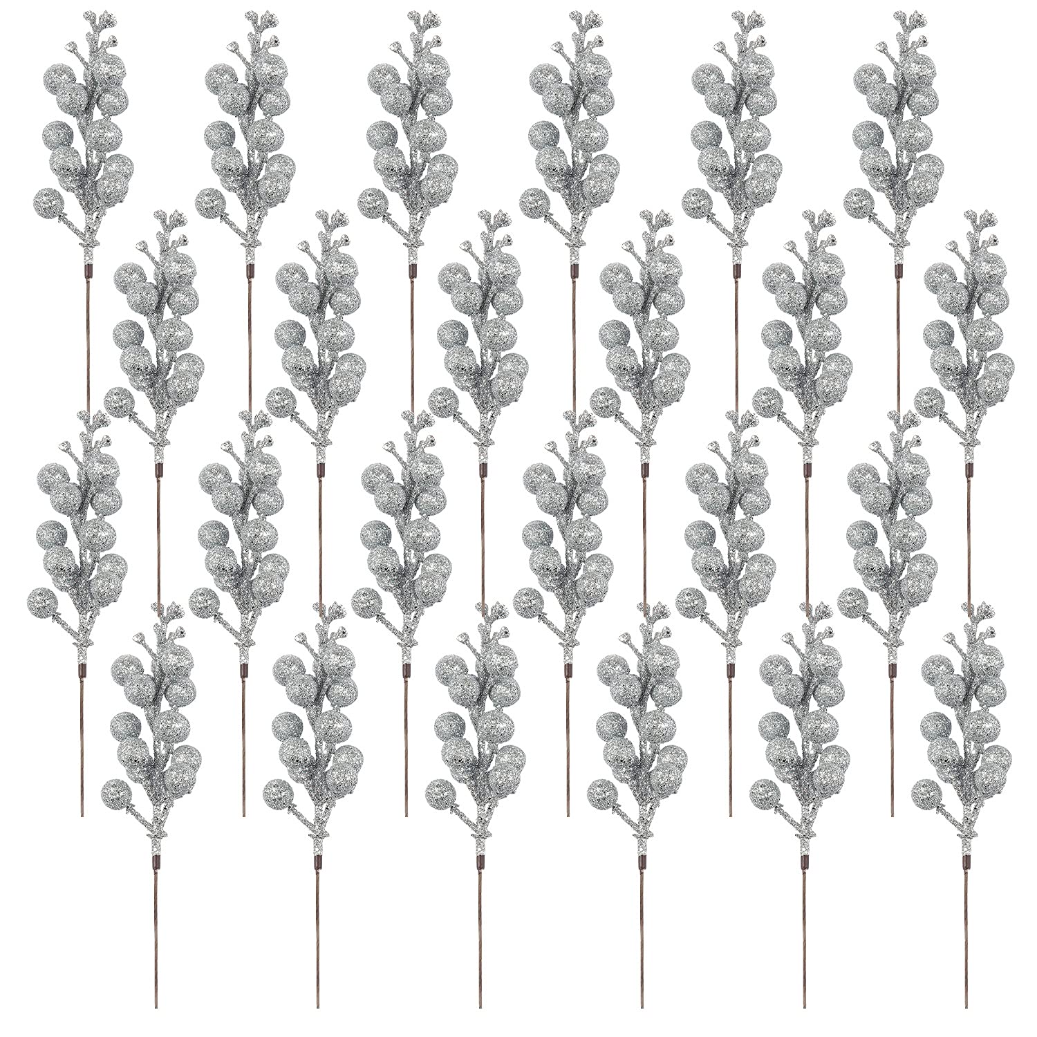 Crafare 24 Pack Silver Christmas Glitter Berries Stems Artificial Christmas Tree Picks for Holiday Ornaments DIY Xmas Crafts Wre