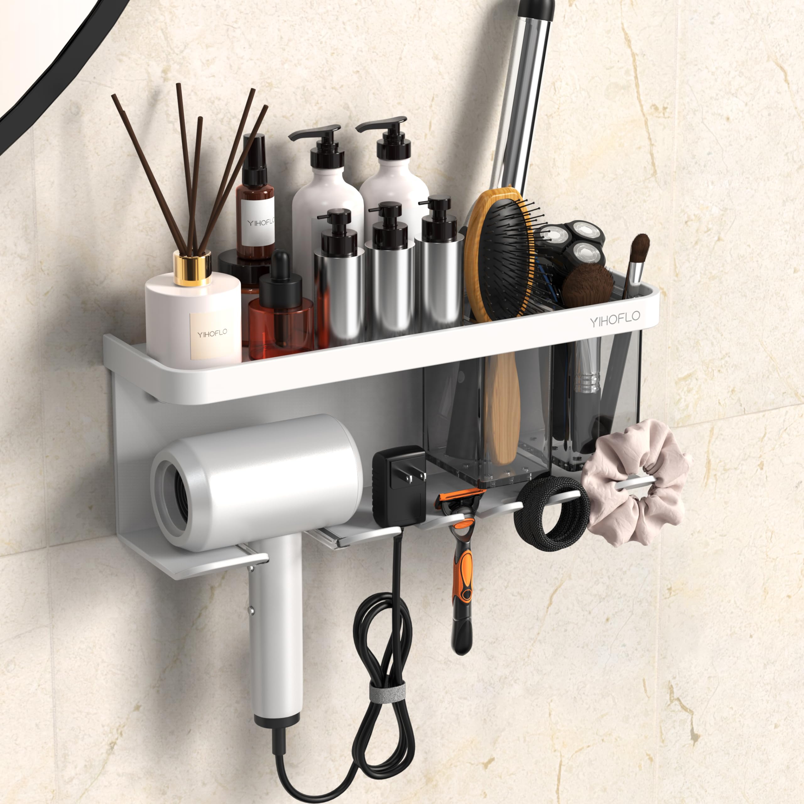 YIHOFLO Hair Dryer Holder Wall Mounted Adhesive/Drilling, Hair Dryer Storage Organizer with Shelf & Hooks. Hair Dryer Rack for B