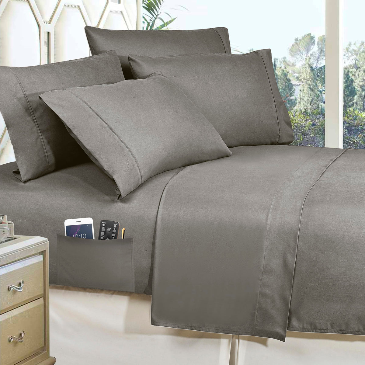 Elegant Comfort Luxury Softest, Coziest 8-Piece Bed-In-A-Bag Comforter Set - Silky Soft Complete Set Includes Bed Sheet Set With Double Sided Storage Pockets, Twin/Twin Xl, Gray
