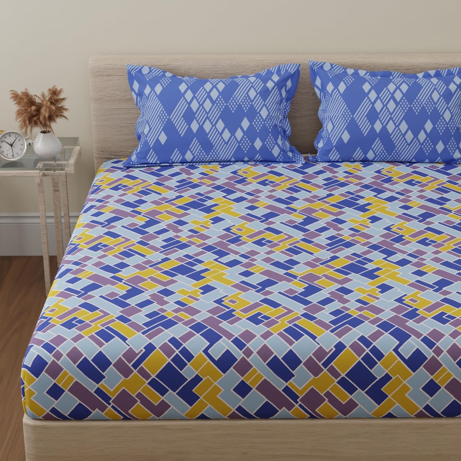 Huesland By Ahmedabad Cotton 144 Tc Cotton Bedsheet For Double Bed King Size With 2 Pillow Covers | Blue, Yellow & Purple