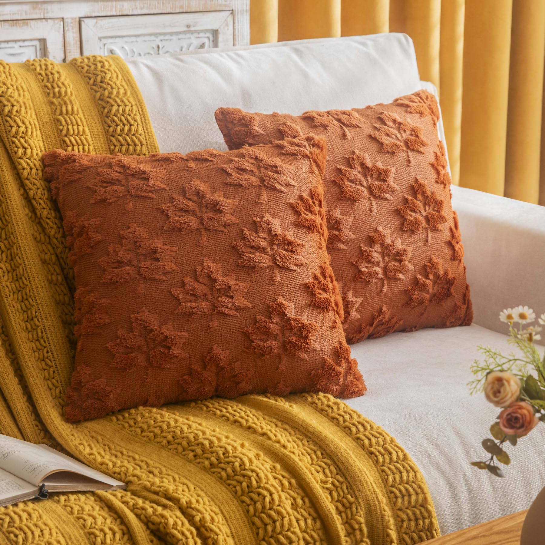 Cosibono Maple Leaf Fall Throw Pillow Covers 18'X18' Set Of 2, Rust Red Farmhouse Decorative Pillow Covers For Autumn Harvest