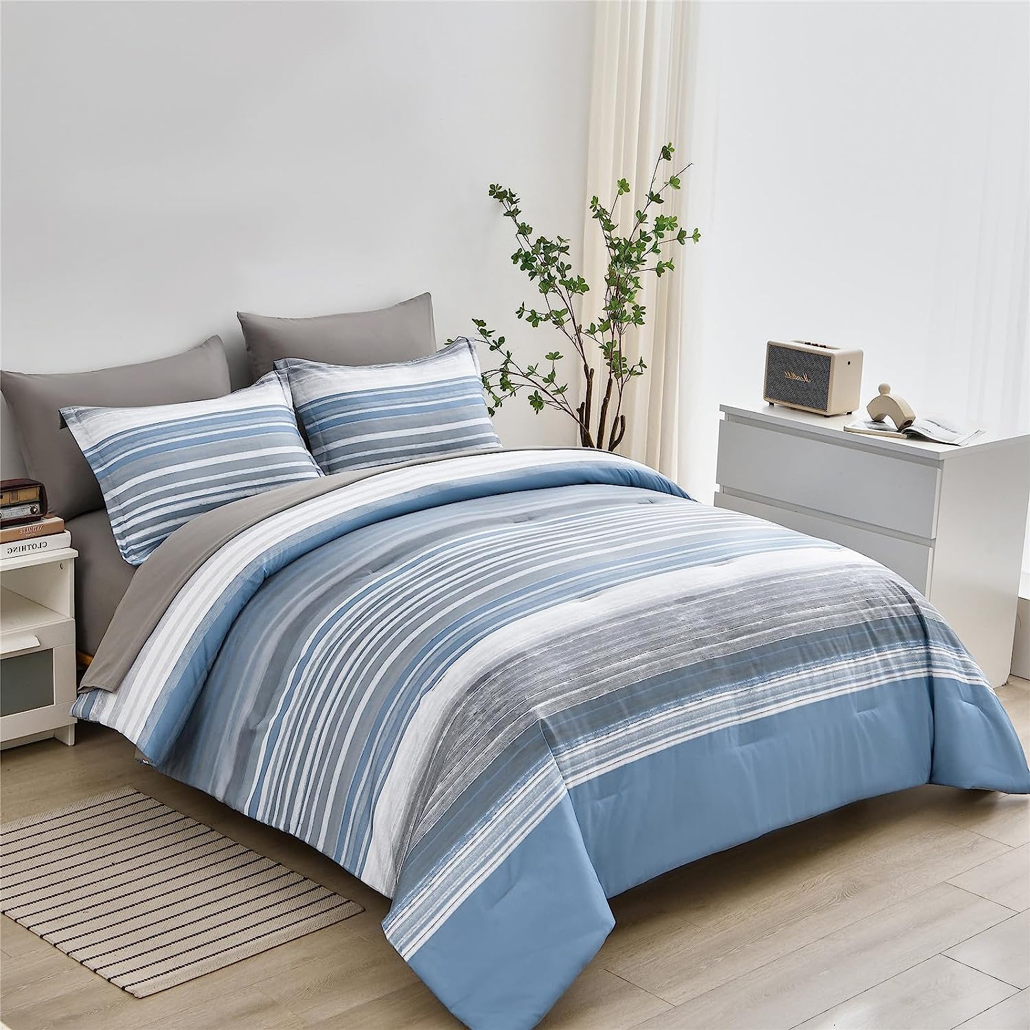 Kakijumn 5 Piece Bed In A Bag Stripe Comforter Set Twin Size, White Grey Blue Striped Comforter And Sheet Set, All Season Soft M
