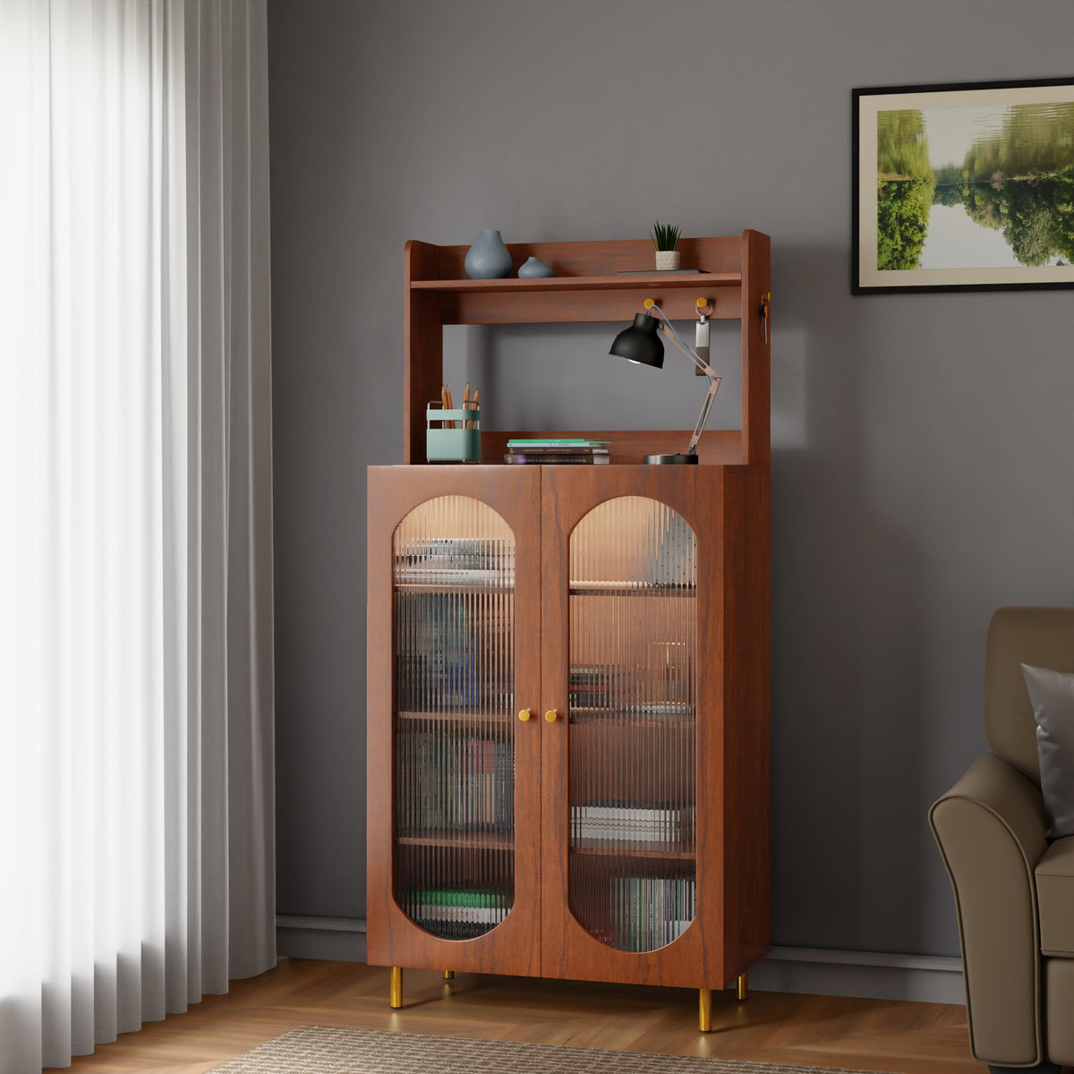 Rocco Stellar Bookshelf with Upper Shelf, Auto LED Lights & Acrylic Doors | Engineered Wood Bookcase | Adjustable Shelves, Scrat