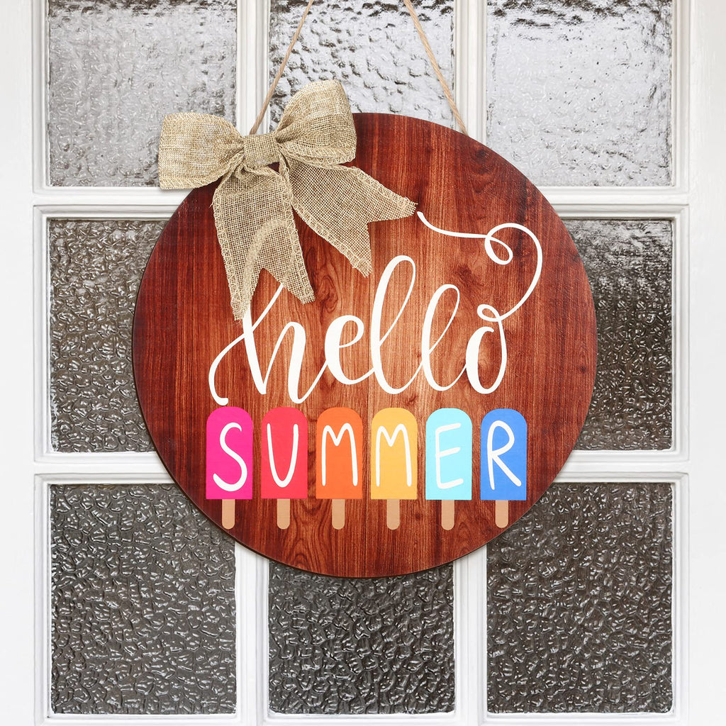 Hello Summer Sign 12 x 12 Inch Summer Welcome Sign Front Door Decor Farmhouse Porch Decoration Round Wooden Hanging Sign for Hom