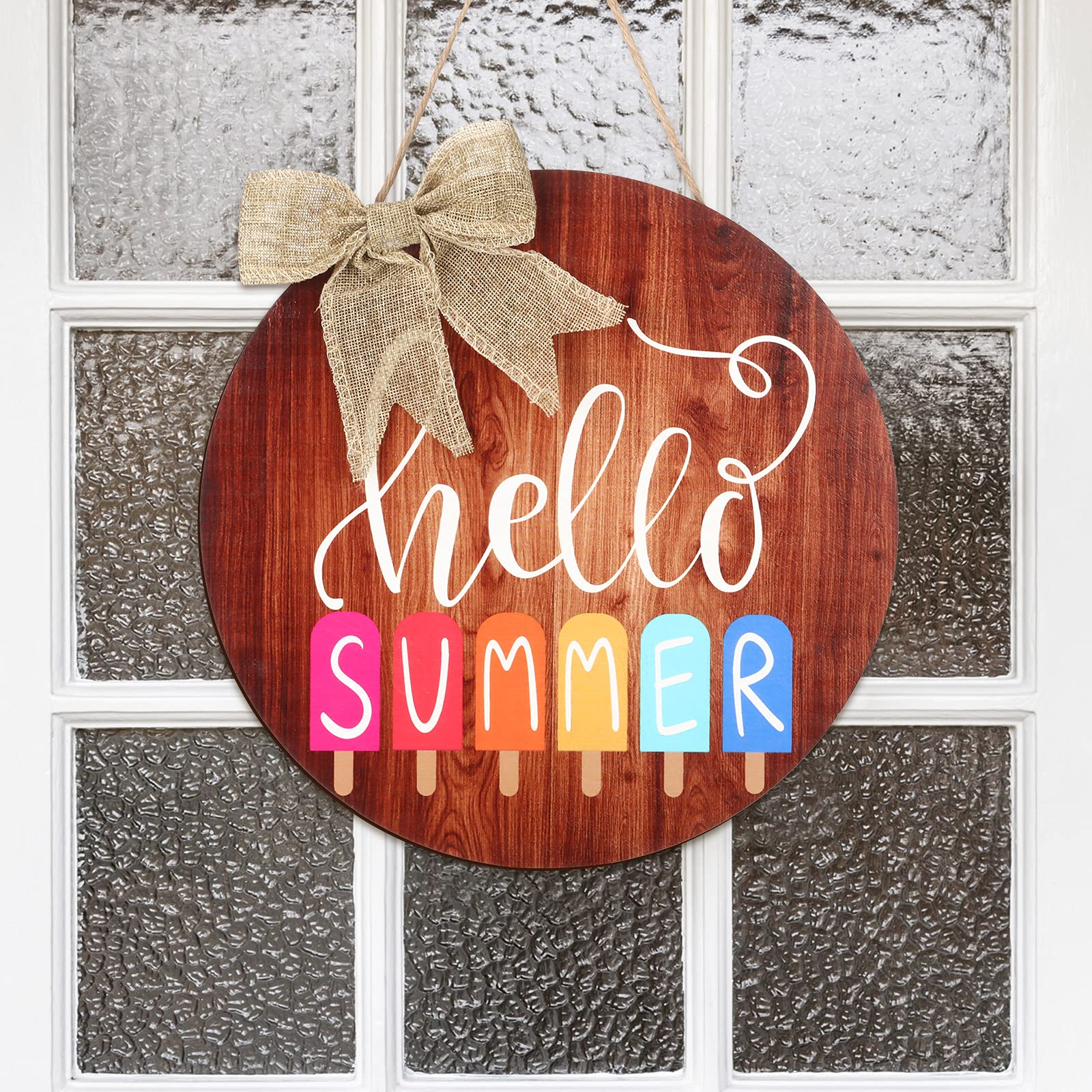 Hello Summer Sign 12 x 12 Inch Summer Welcome Sign Front Door Decor Farmhouse Porch Decoration Round Wooden Hanging Sign for Hom