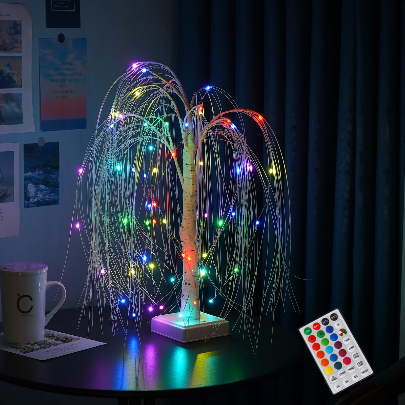 Lighted Trees for Indoor Decor with Timer, Small Christmas Tree with 60 LED Colour Lights, 2FT Light Up Willow Tree Tabletop Lam