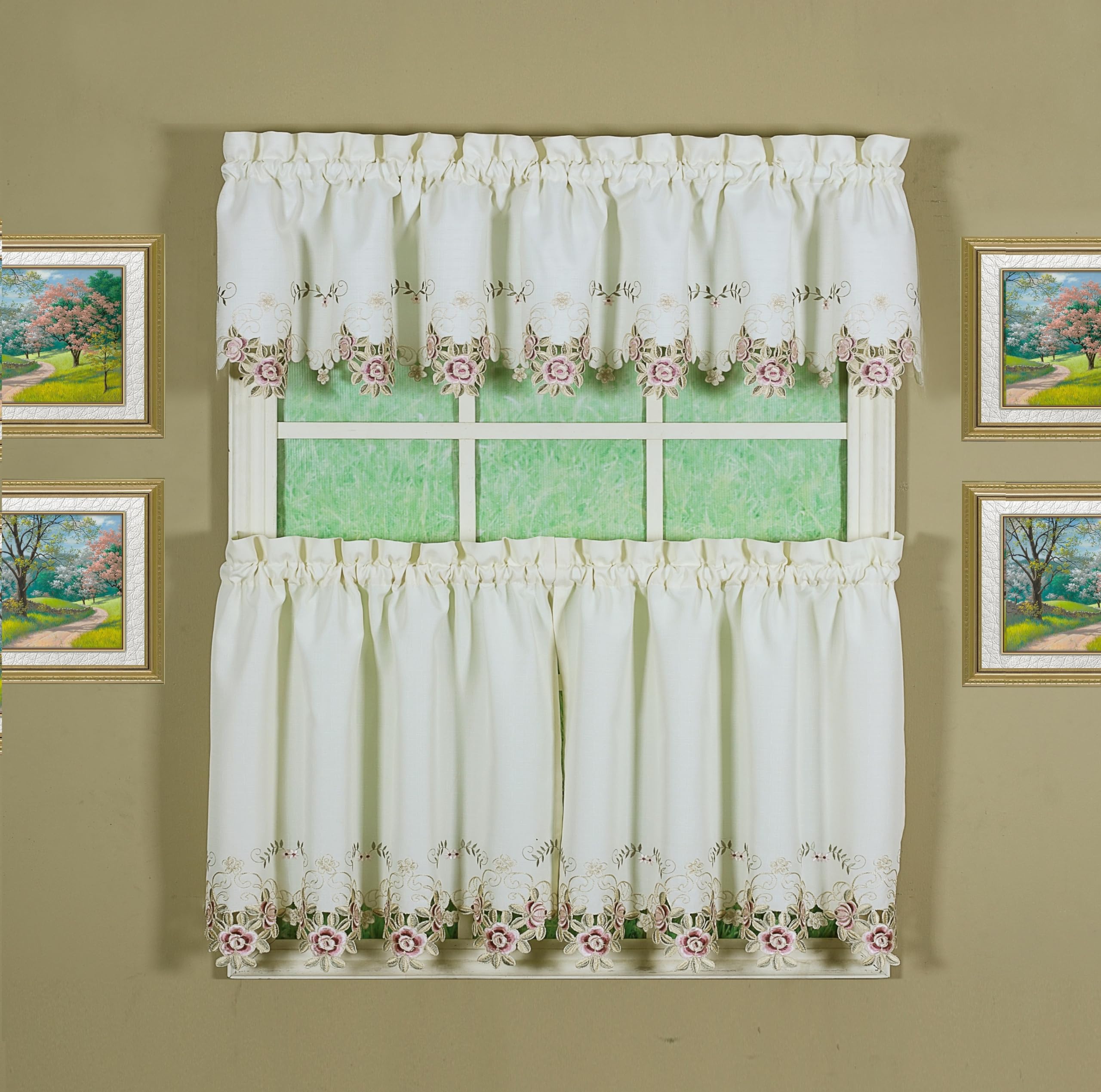 Today'S Curtain Verona Reverse Embroidery Tier, 24', Ecru/Rose
