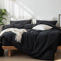 Moomee Bedding Duvet Cover Set 100% Washed Cotton Linen Like Textured Breathable Durable Soft Comfy (Black, Oversized Queen)