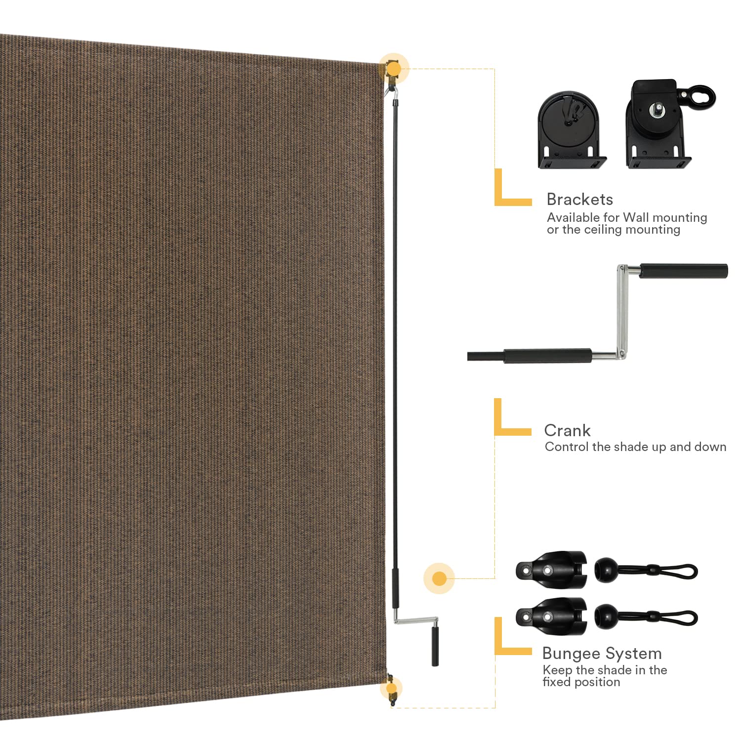 Vicllax Outdoor Roller Shade Fabric For Porch Gazebo, Patio Cordless Blinds Roll Up Shade (6' W X 6' L), Mocha