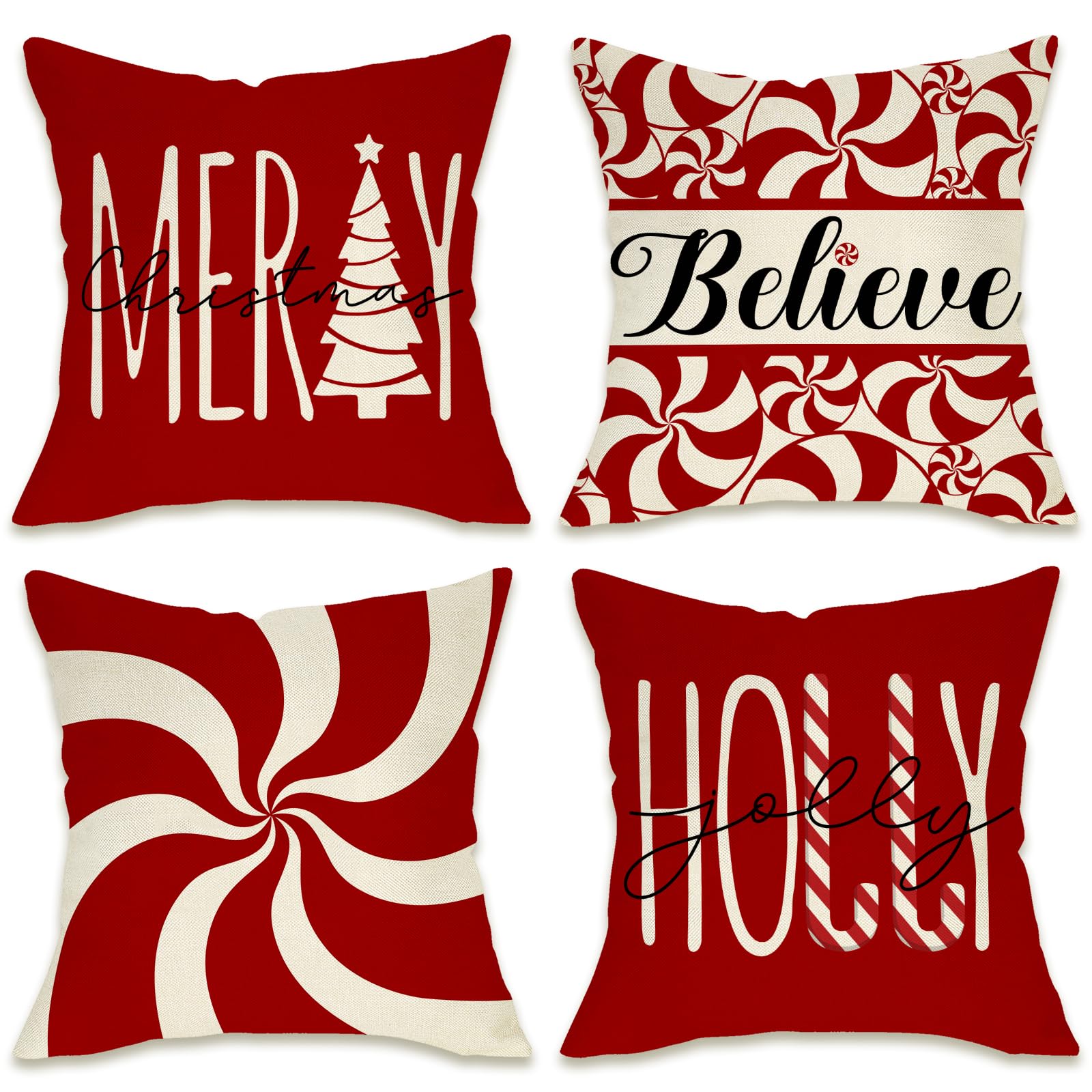 Fahrendom Merry Christmas Tree Decorative Throw Pillow Cover 20 X 20 Set Of 4, Xmas Red Candy Canes Porch Patio Outdoor Pillowca
