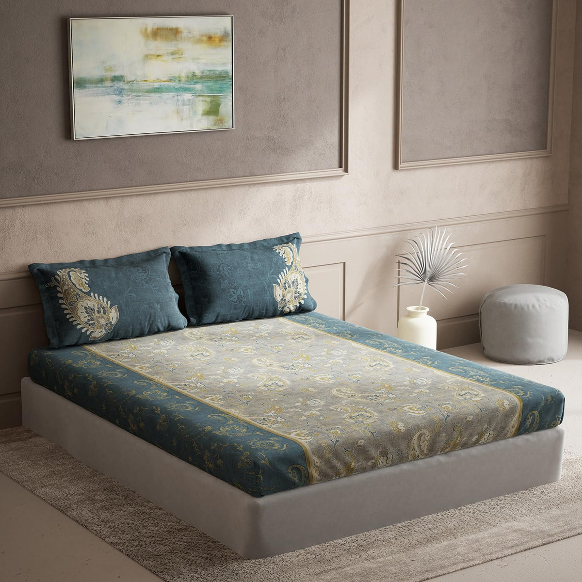Ddecor  Pack of 1 Cotton Ethnic King 145 TC Bedsheet with 2 Pillow Covers  Blue
