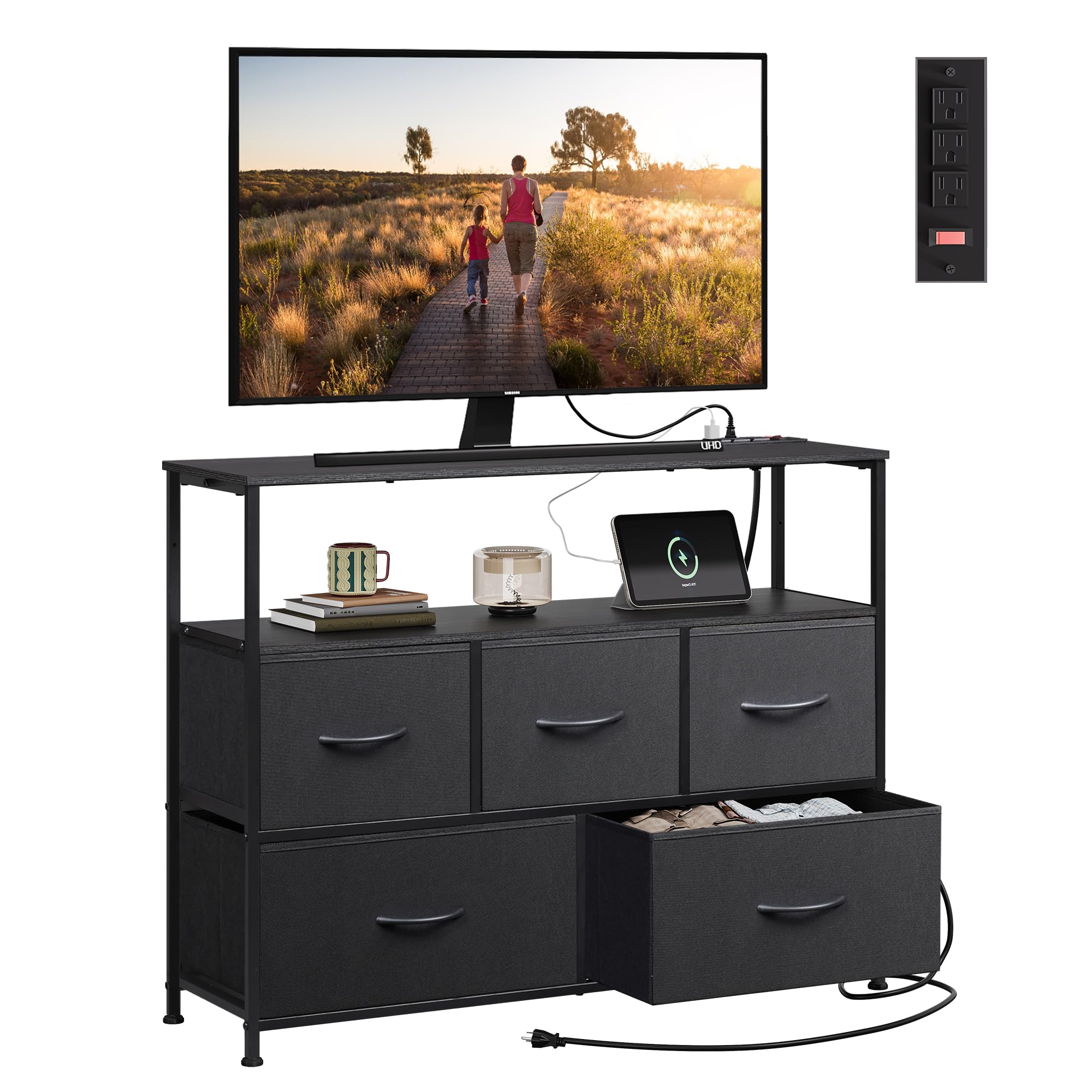 WLIVE Fabric Dresser for Bedroom with 5 Drawers, Entertainment Center with Open Shelf and Power Outlet for 45 inch TV, Dresser T