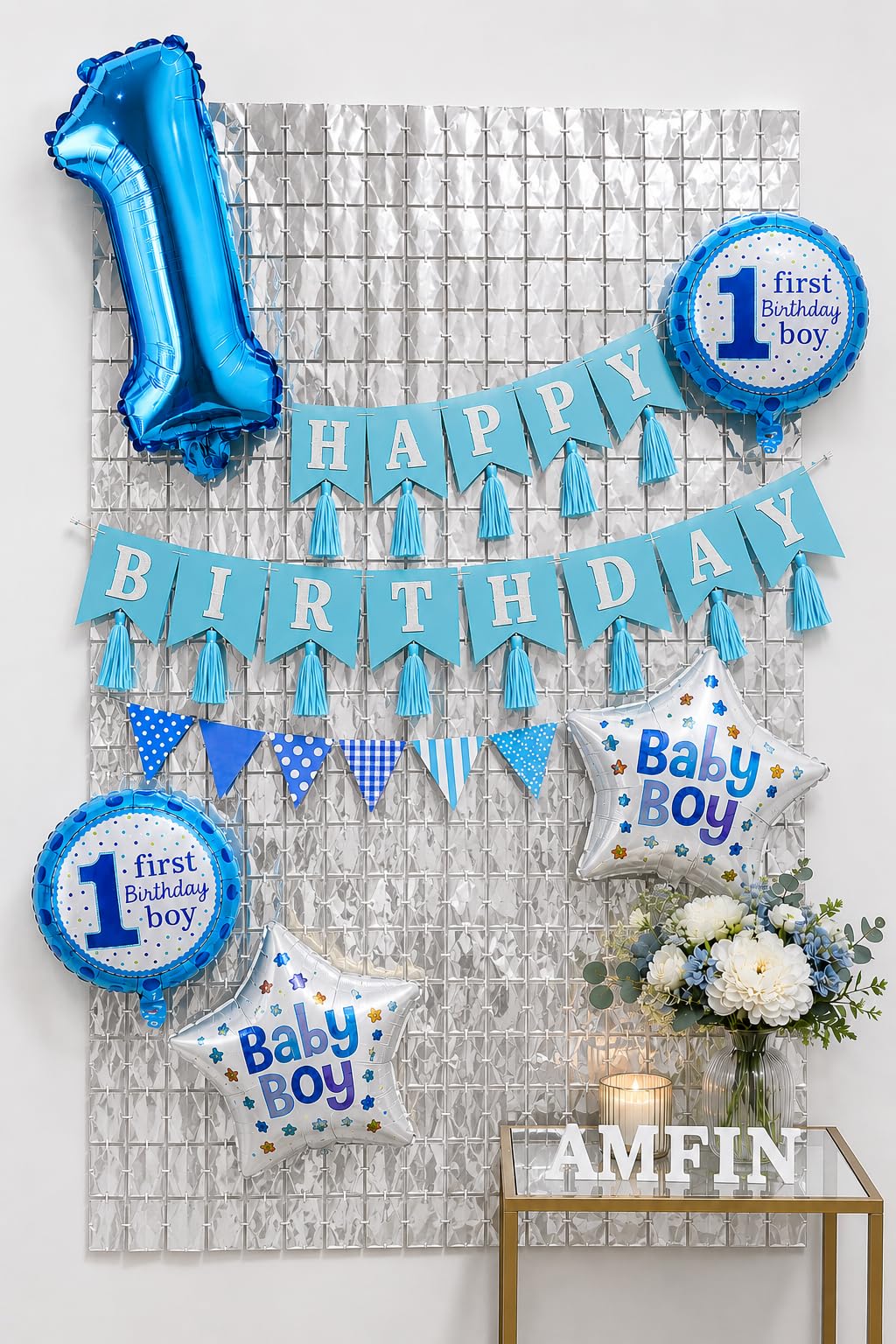 AMFIN (Pack of 8) 1st Month Year HBD Boy Theme Birthday Decoration Kit Metallic Finish Boys Item Blue White Sitting Baby