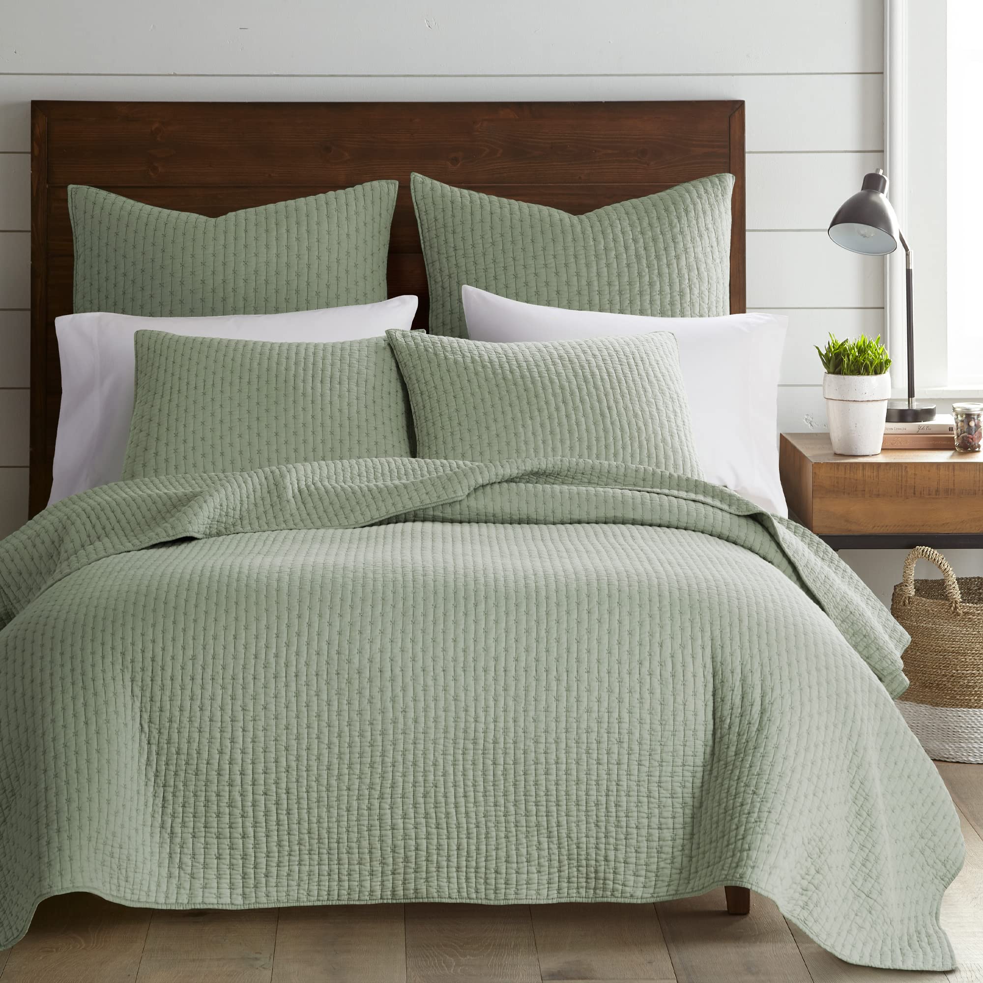 Levtex Home - Cross Stitch Desert Sage Quilt Set - 100% Cotton - Full/Queen Quilt (88X92In.) + 2 Standard Shams (26X20In.) - Rev