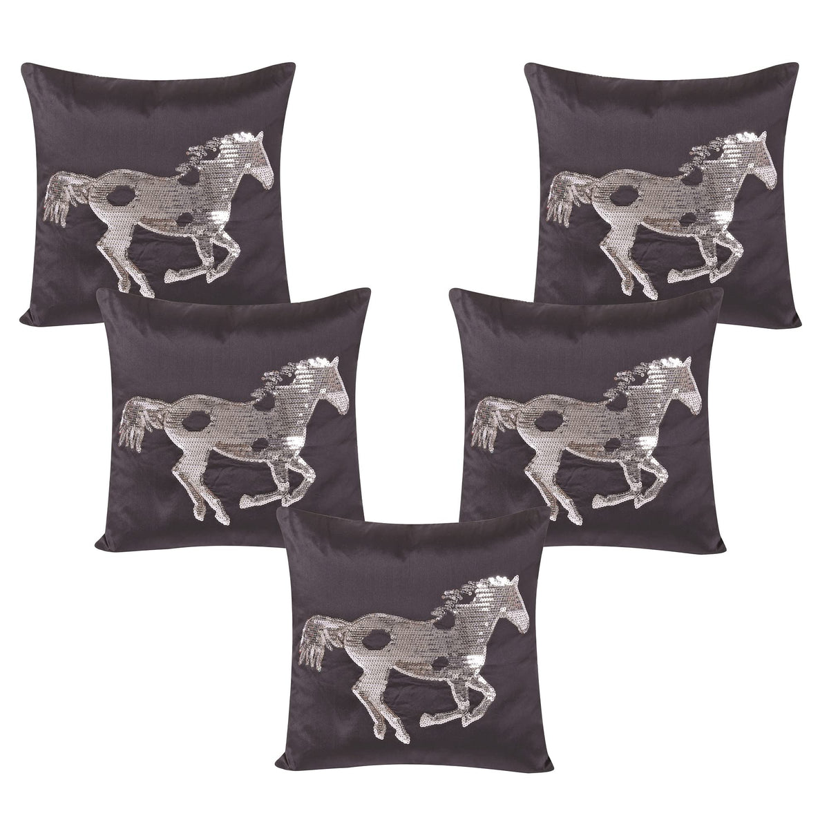 Home9Ine Sequin Cushion Cover | Taffeta Polyester |Horse| Black And Silver| 40X40Cm  Pack Of 5