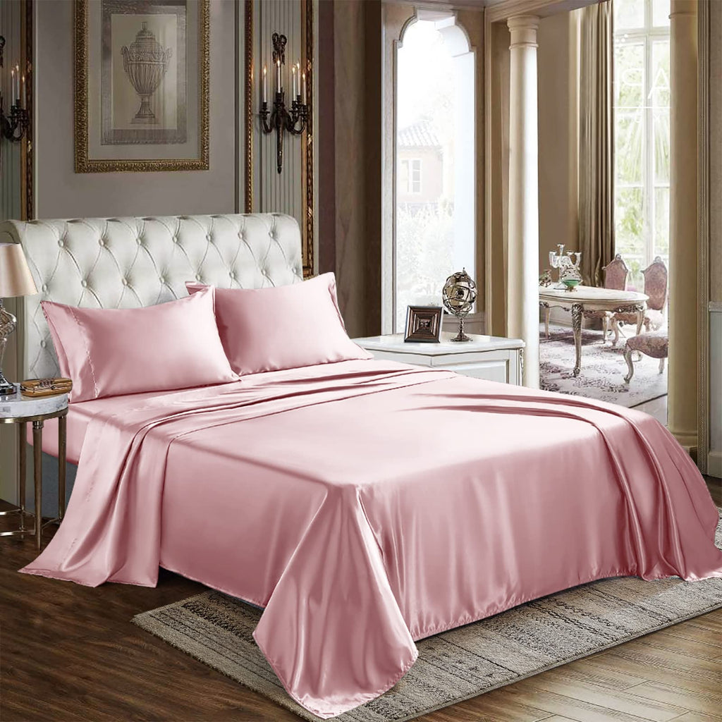 Cozylux Satin Sheets Full Size - 4 Piece Pink Bed Sheet Set With Silky Microfiber, 1 Deep Pocket Fitted Sheet, 1 Flat Sheet, And
