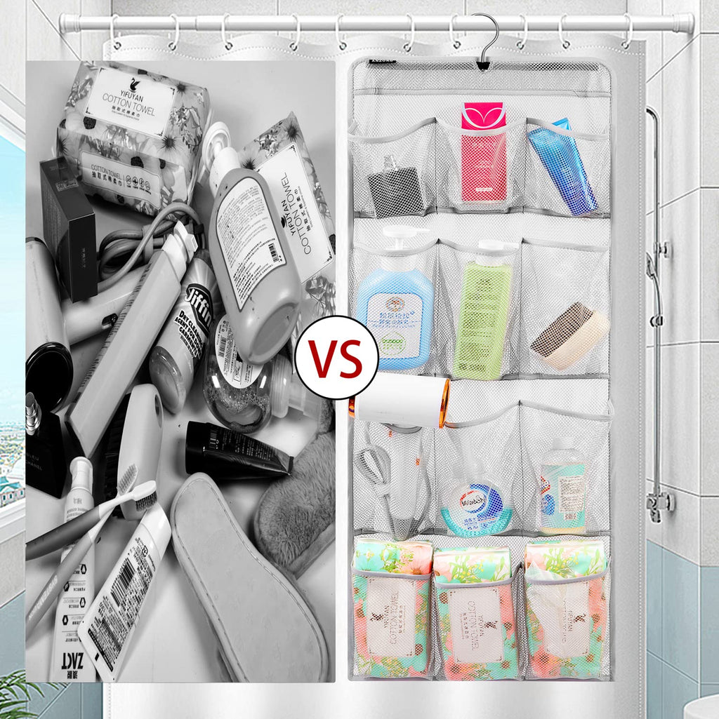 Anzorg Mesh Shower Organizer Hanging Caddy Quick Dry Bathroom Storage For Toiletry Accessories With Rotating Hanger (12 Pockets)
