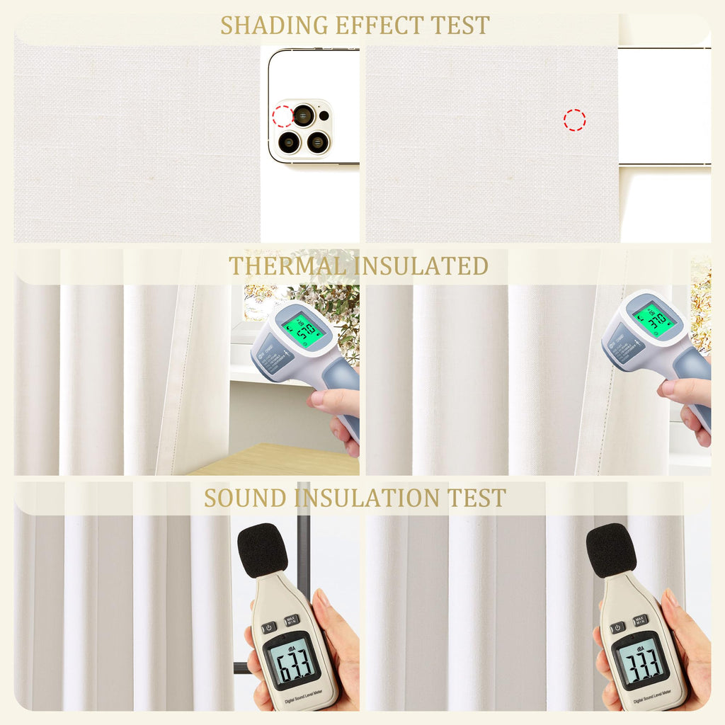 Jowels Ivory Linen Blackout Curtains 90 Length 2 Panels Set For Living Room Bedroom, 100% Black Out Thermal Insulated Linen Drap
